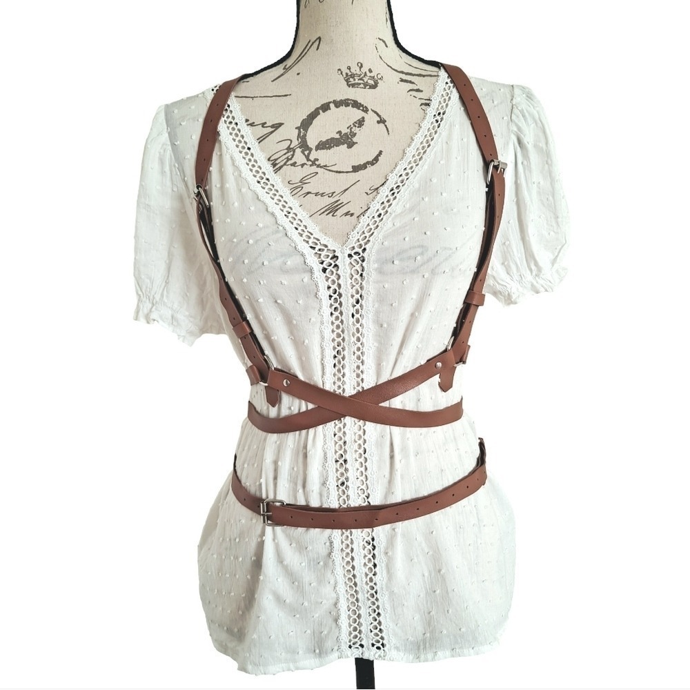 Faux Leather brown Body Harness belt XS Corset waist Steampunk Halter suspenders
